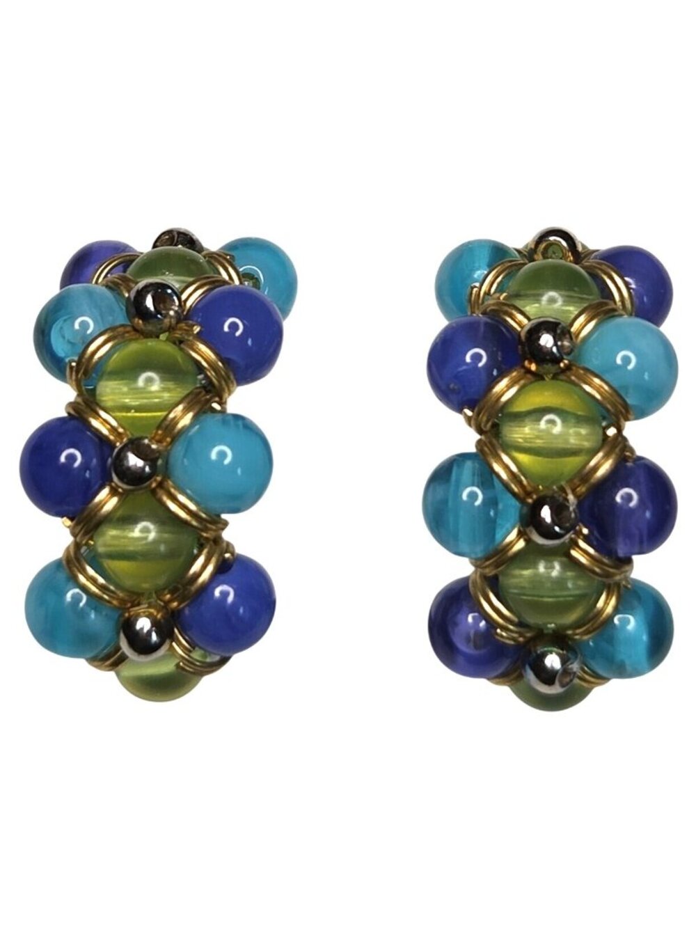 Blue & Green Beaded Gold Tone 1" Clip On Hoop Earrings